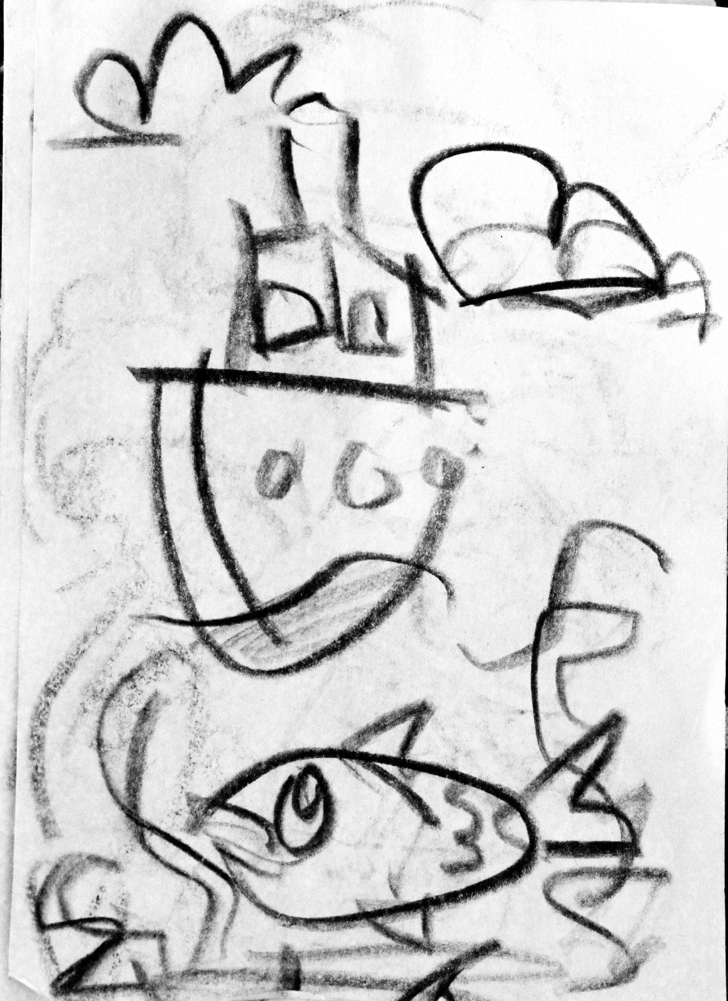 A crayon drawing of a boat bobbing out at sea.