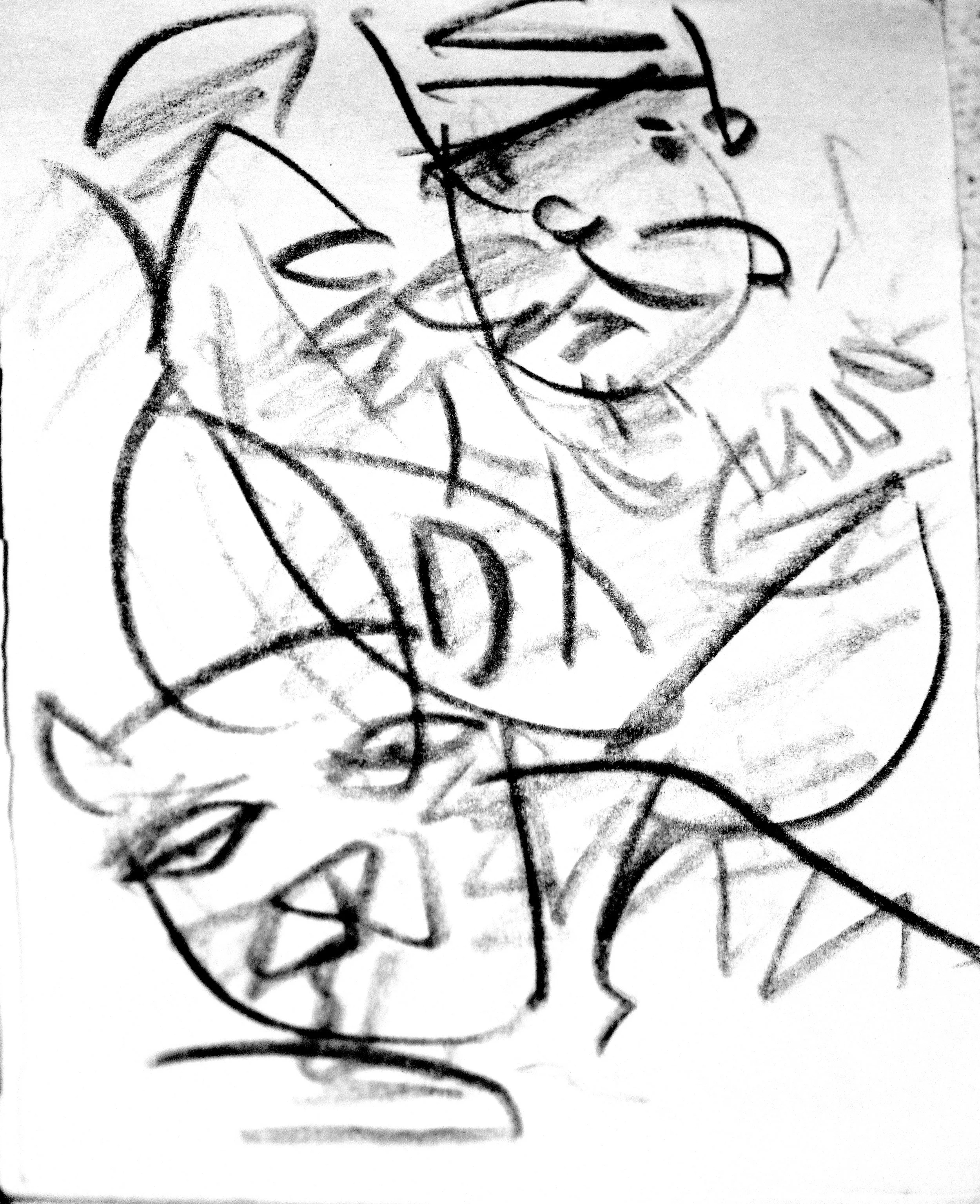 A crayon drawing of a hunter peering through leaves to look at a sleeping tiger,
