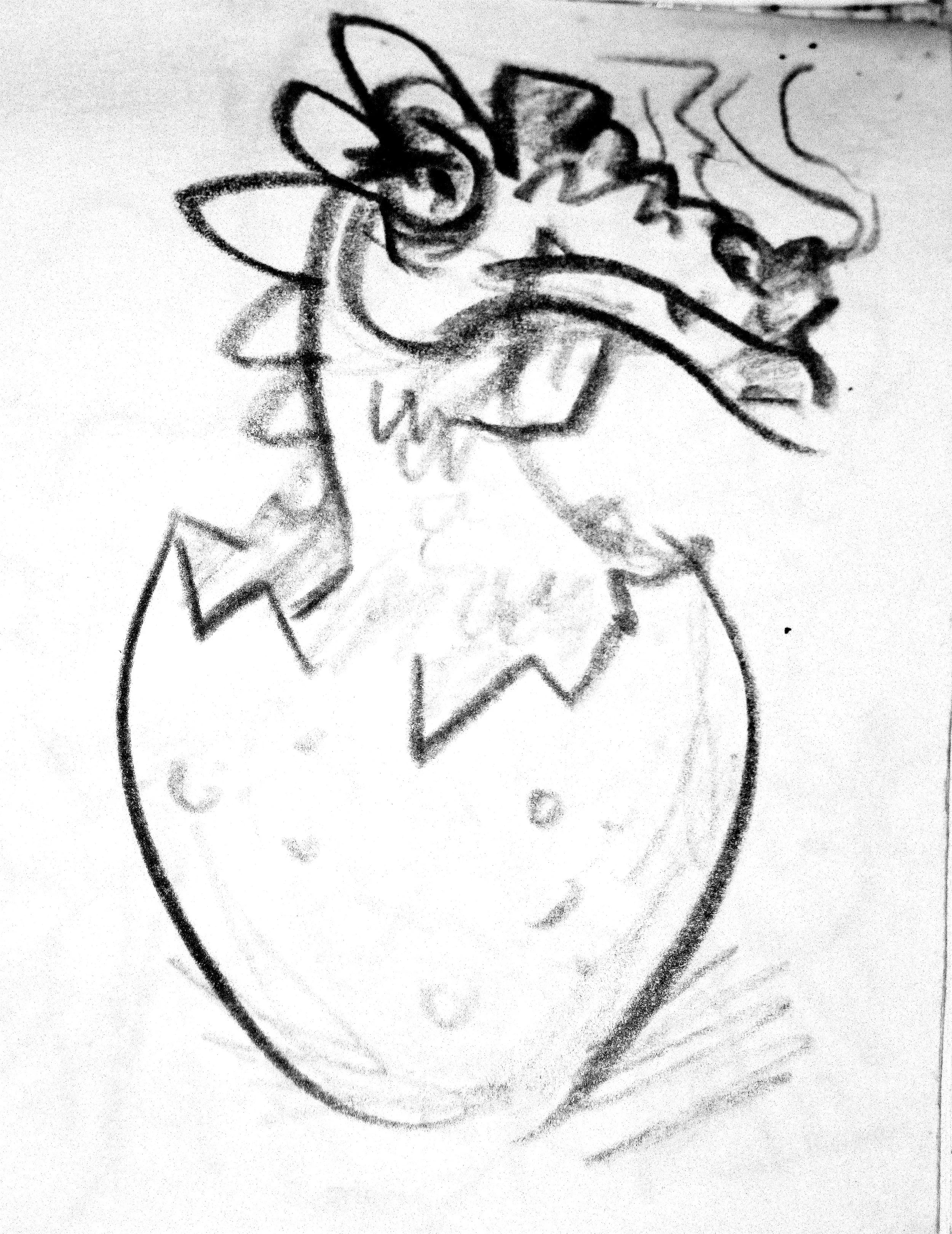 A crayon drawing of a dragon popping out of an egg.