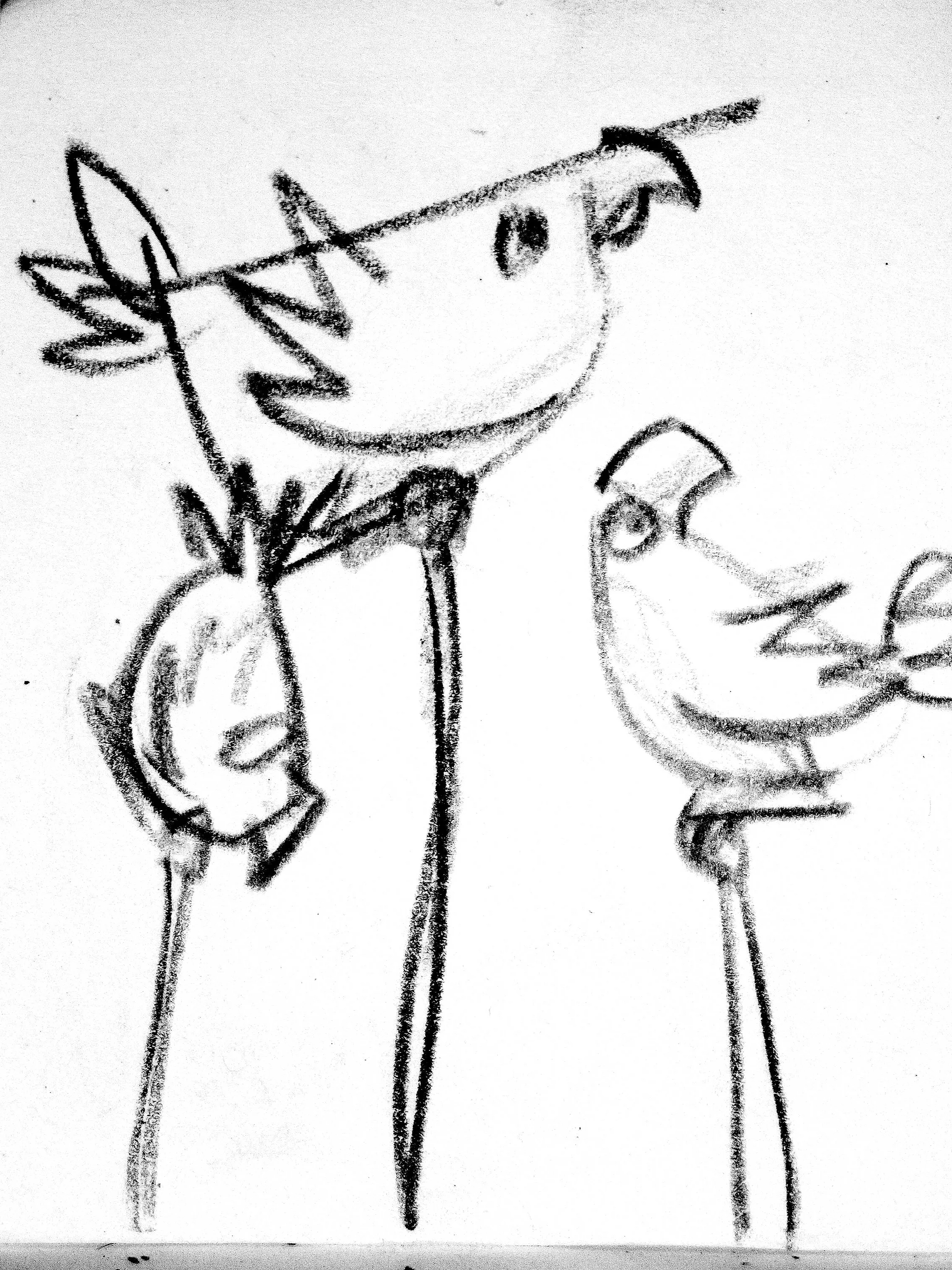 Black and white drawing of a cartoon face with large eyes, a big smile, and a nose, with a short body and long legs, standing next to a smaller figure.