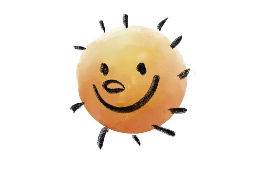 A cartoon sun with a smiling face, winking eye, and black rays.