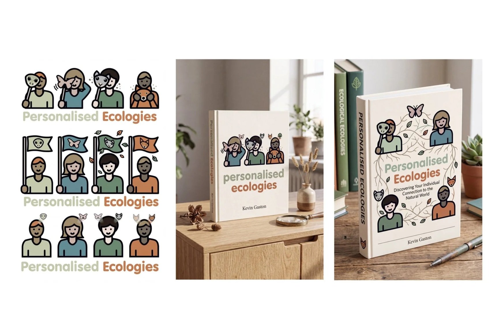 Cover of a book titled "Personalised Ecologies" by Kevin Gaston featuring illustrations of people connected to elements of nature.