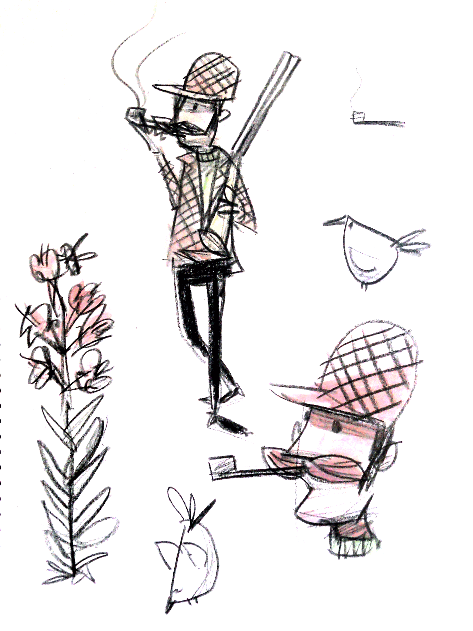 A hand-drawn sketch of a person wearing a hat and coat, standing and smoking a pipe, with some plants and a person sitting with a laptop nearby.
