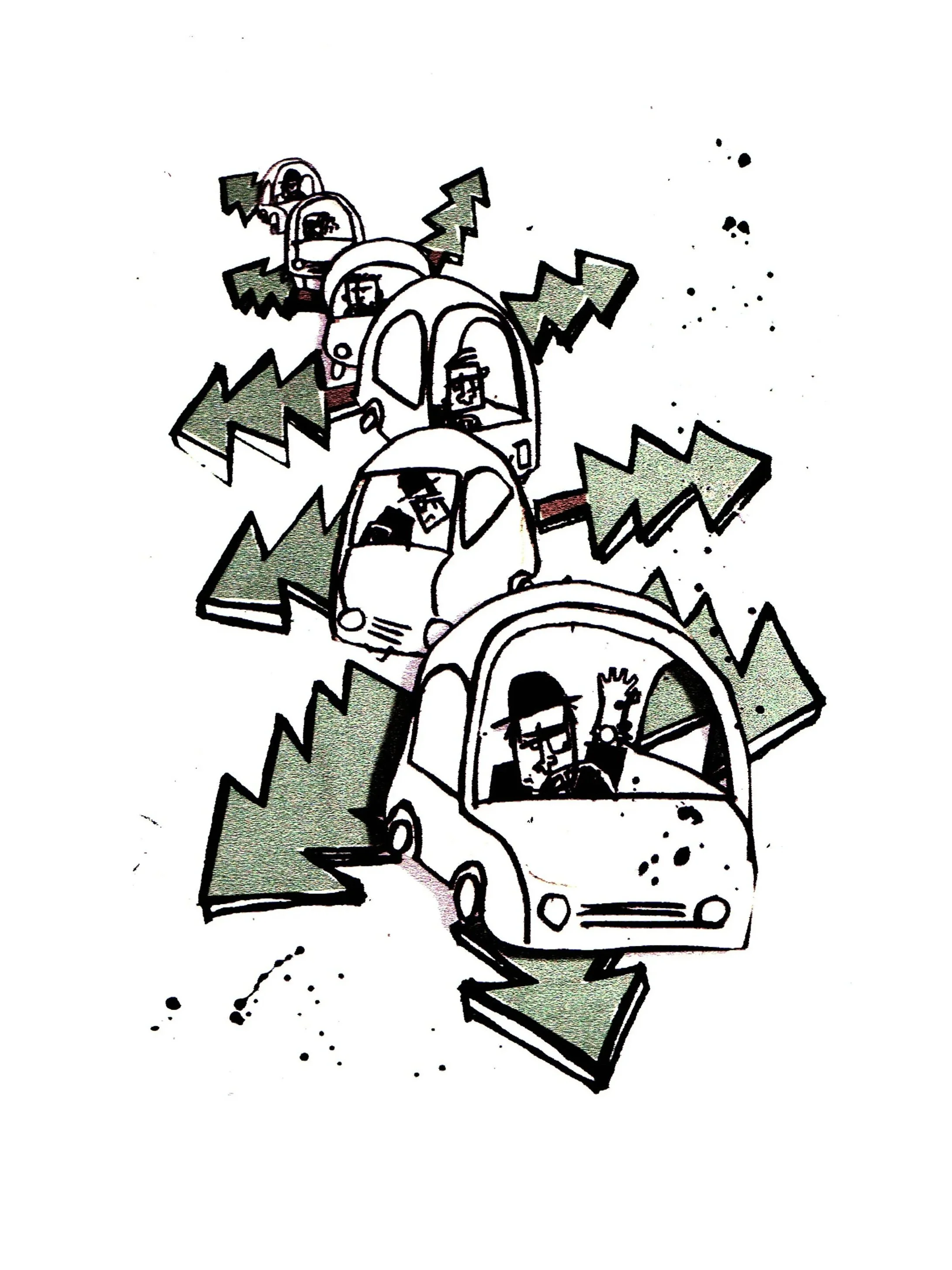 A cartoon illustration of a line of small cars with cartoon drivers wearing hats, traveling over felled trees.