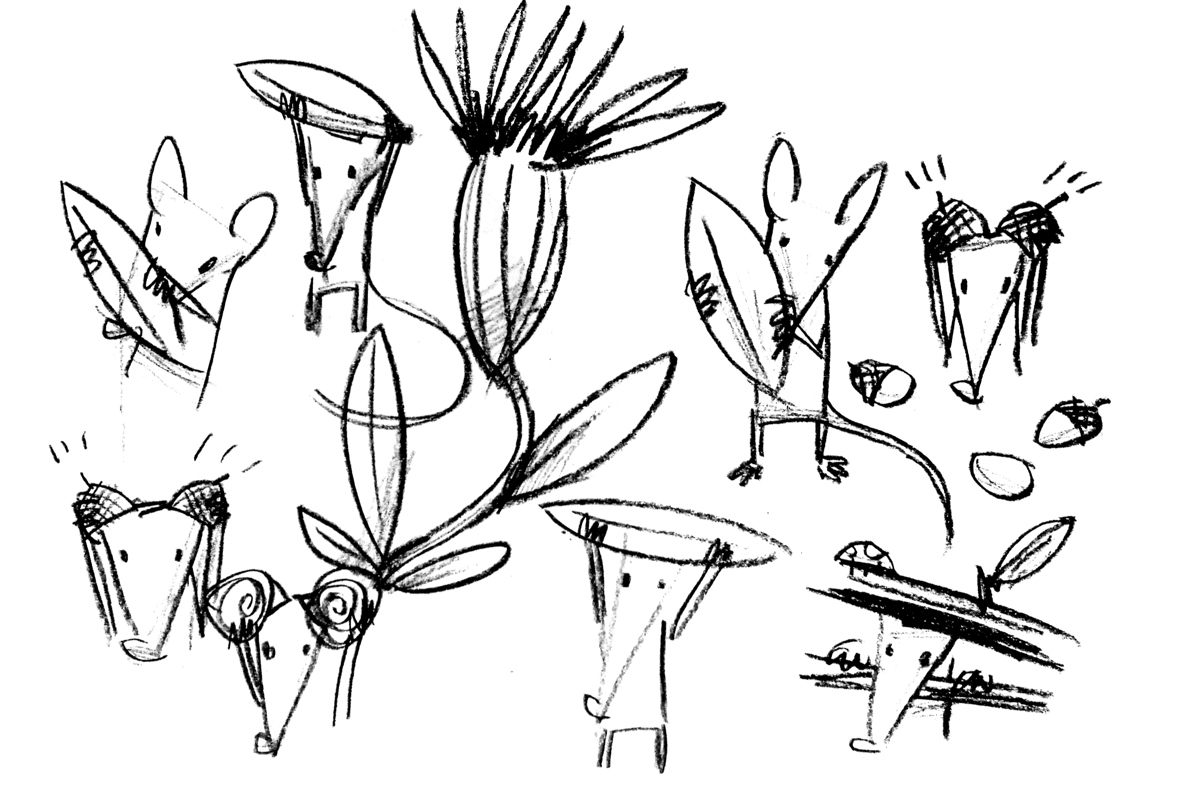 Black and white sketch of various flowers, including roses and other blooms, with leaves and stems, drawn in a loose, artistic style.