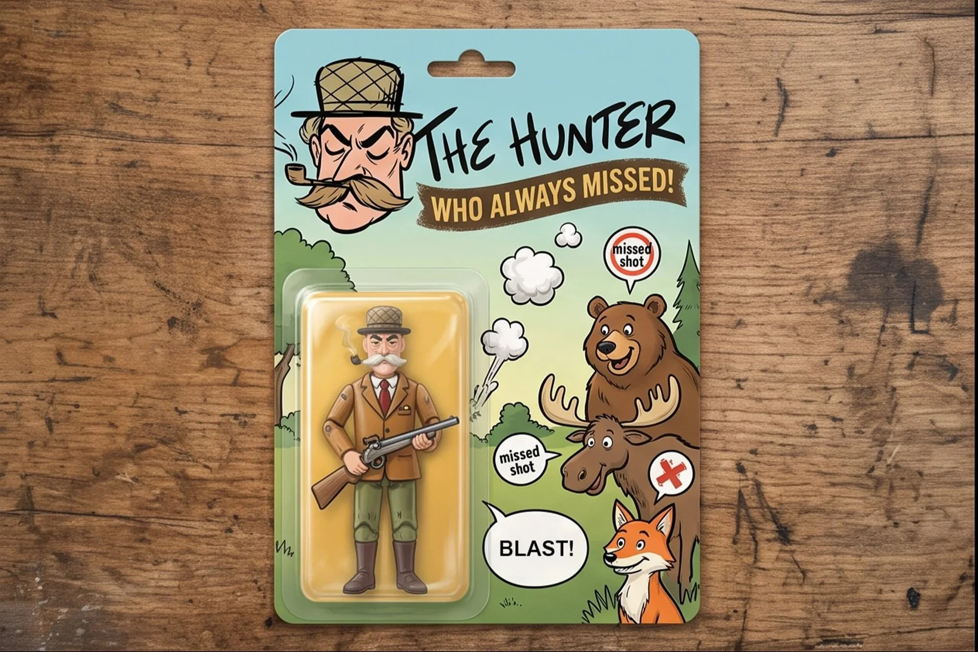 A toy hunter figurine dressed as a hunter with a pipe, holding a rifle, on packaging with cartoon animals and nature scenes, including a bear, a moose, and a fox, with text referencing missed shots and hunting themes.