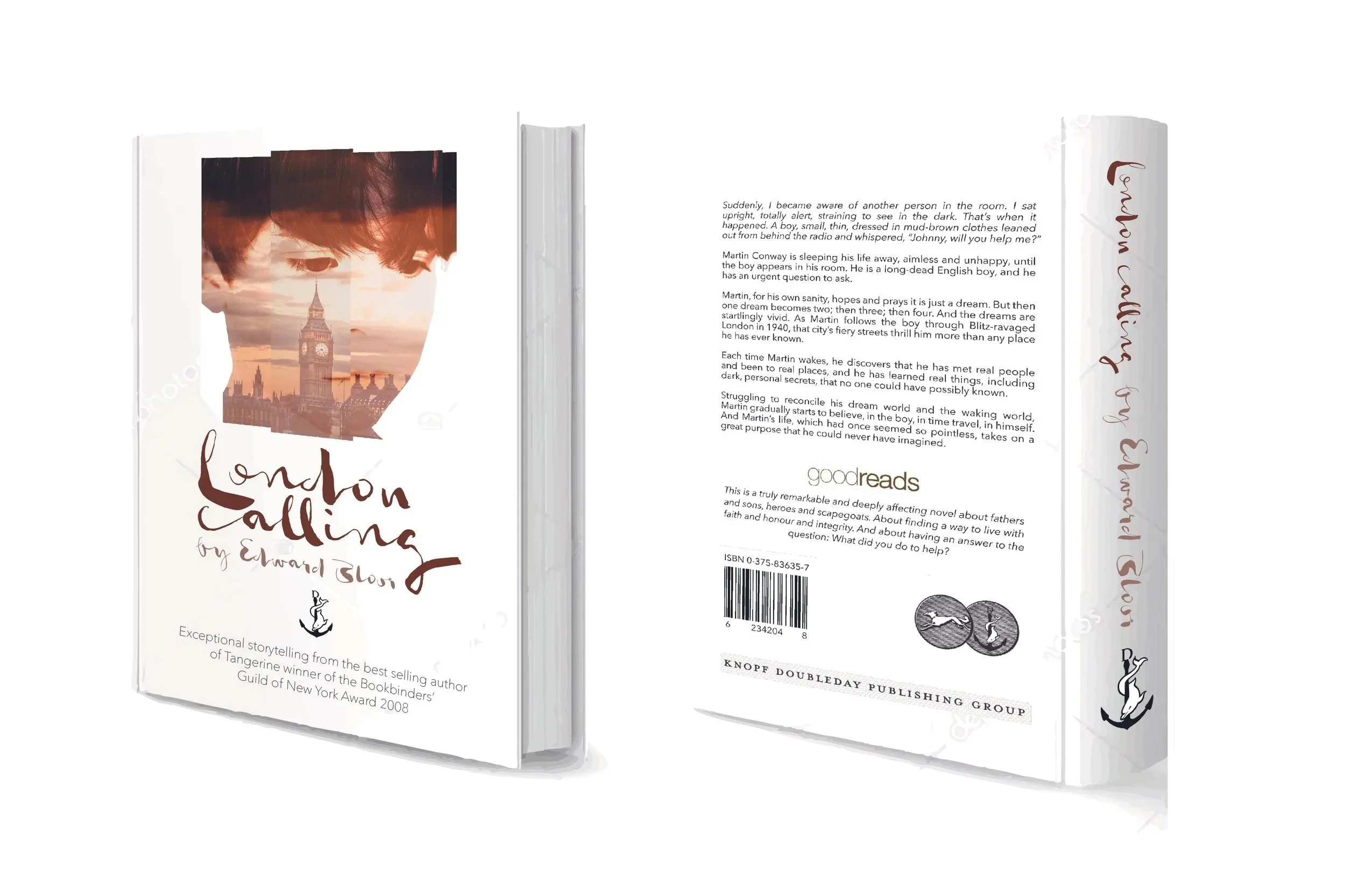 Back cover of a book titled "London Calling" by Edward Stour, featuring a double exposure image of a child's face and Big Ben in London, with text describing the book's content and author accolades.