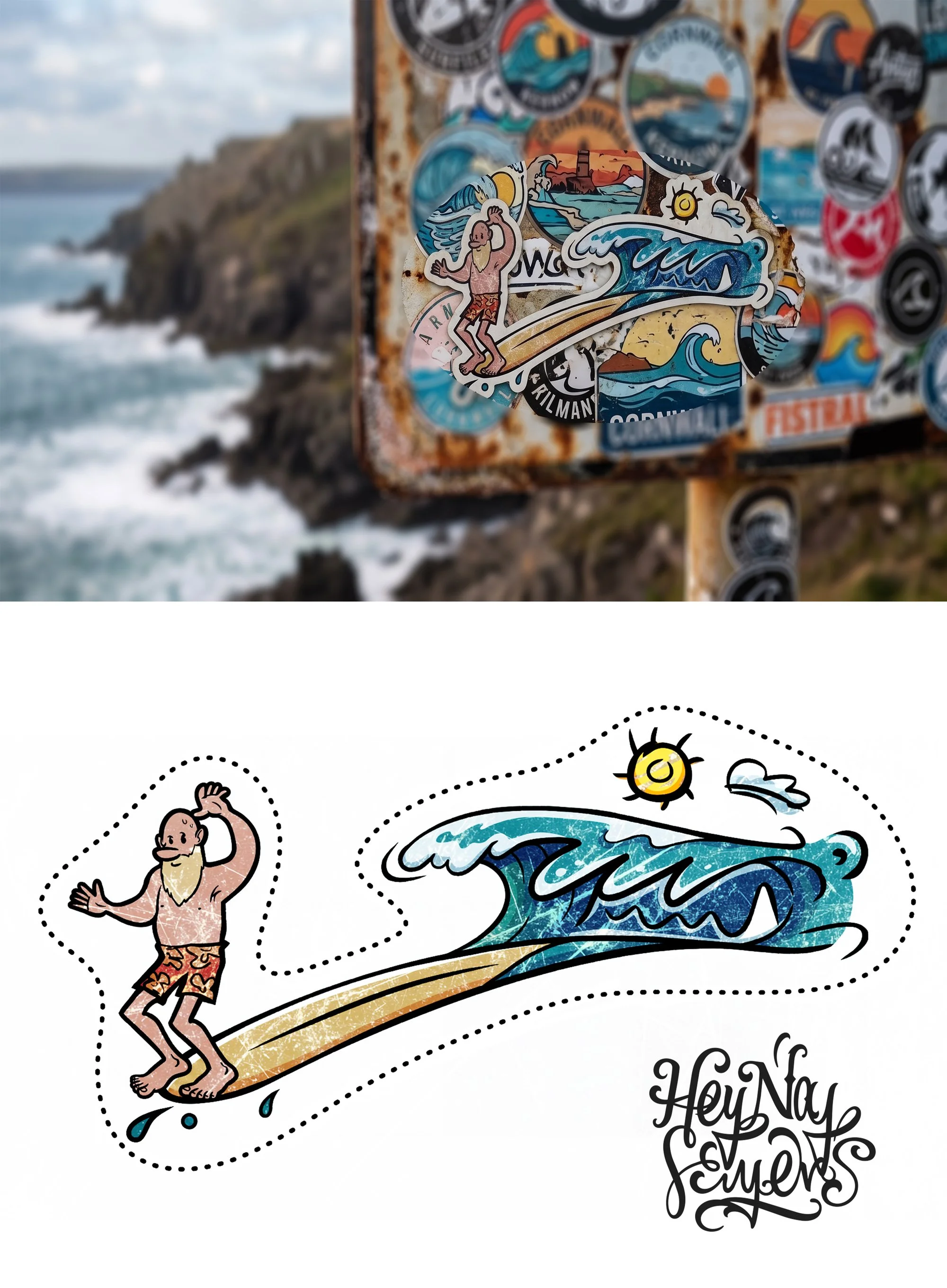 A collection of stickers with surf and ocean themes, including a smiling bearded old man with a beard, and a large wave, on a metal surface with a rusty border. The words below say 'Hey Nay Sayers'.