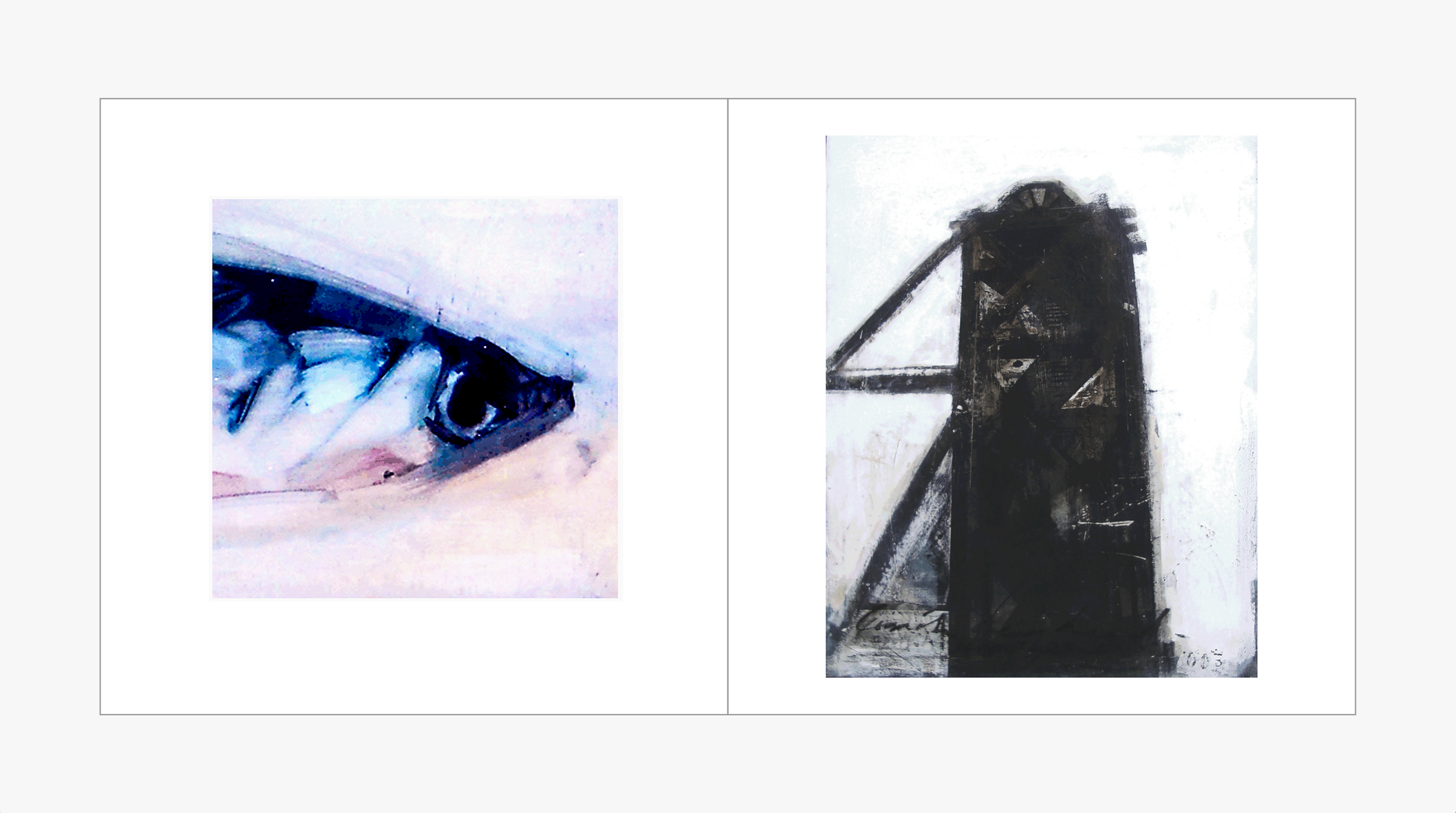 Left image shows a watercolor painting of a human eye with blue and black tones. Right image displays a black-and-white abstract drawing of a tall, dark structure resembling a tower or lighthouse.