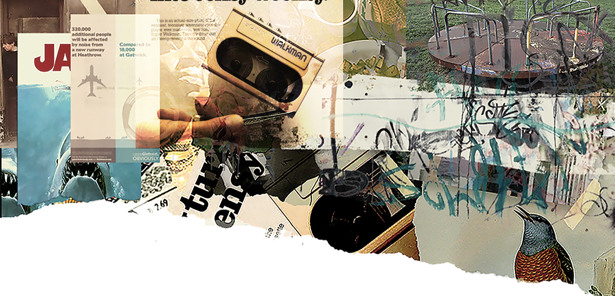 A collage of various objects including a vintage Walkman, pieces of paper with text, a graffiti-covered surface, a carousel, and a bird.
