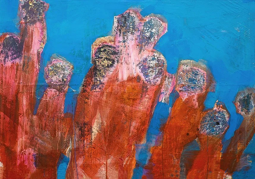 Abstract painting of large, textured red and pink shapes with gray and white accents against a blue background.