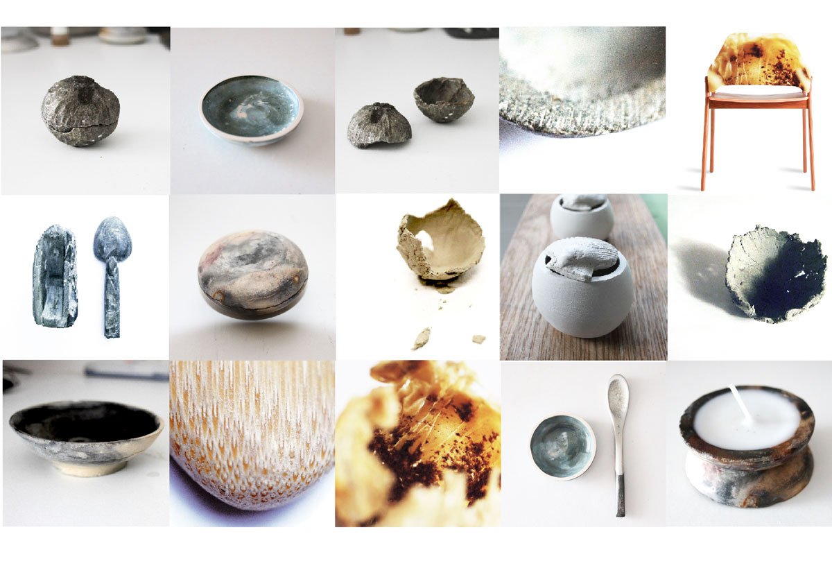 Collection of various small experimental objects, including slip casted metals, ceramic bowls and new composite materials.