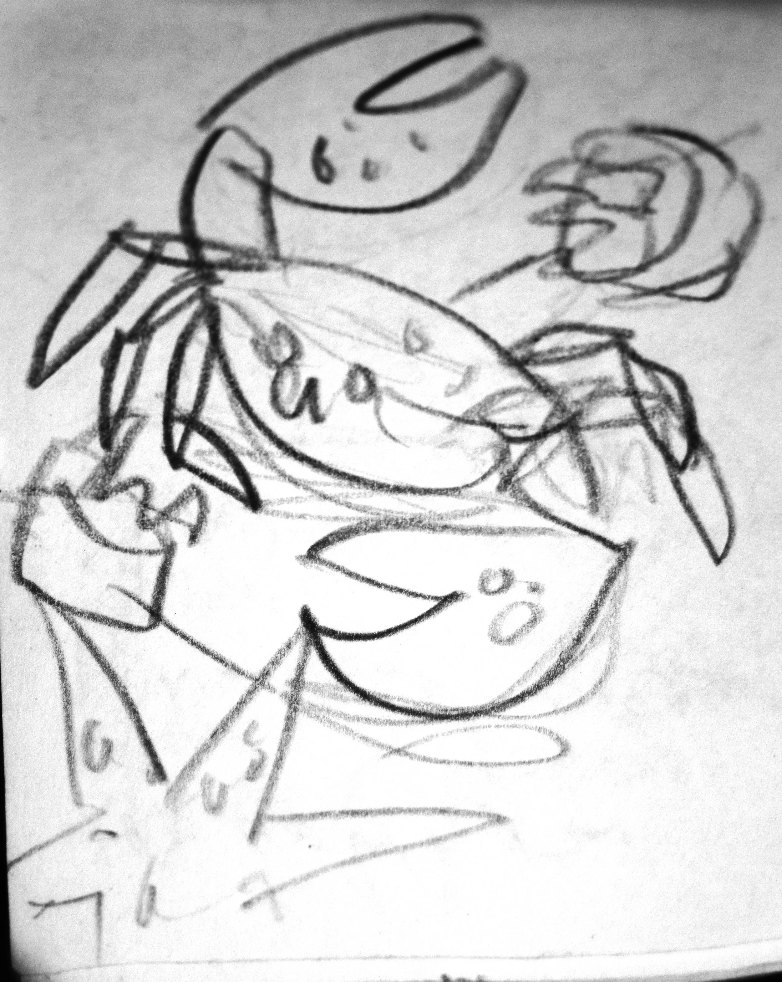 A pencil drawing of a person with long hair, holding a ball of yarn or string in one hand and a crochet hook in the other, engaged in crochet work.