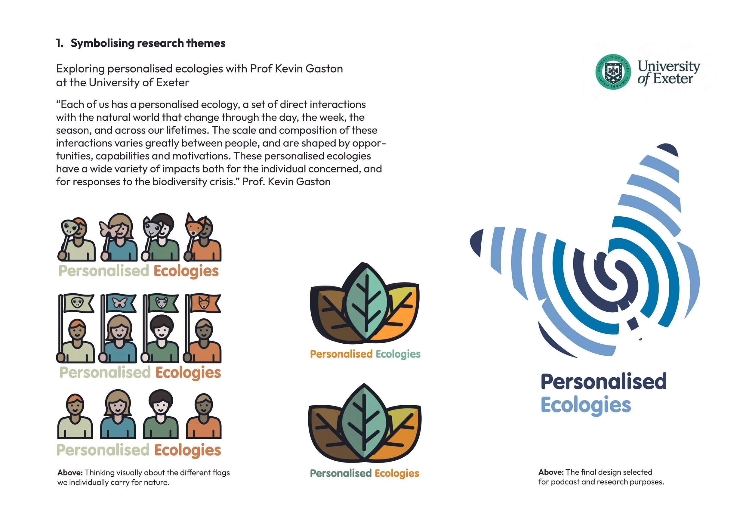 A section of a research presentation page featuring the University of Exeter logo and colorful illustrations of people holding flags, representing personalized ecologies and nature interactions.