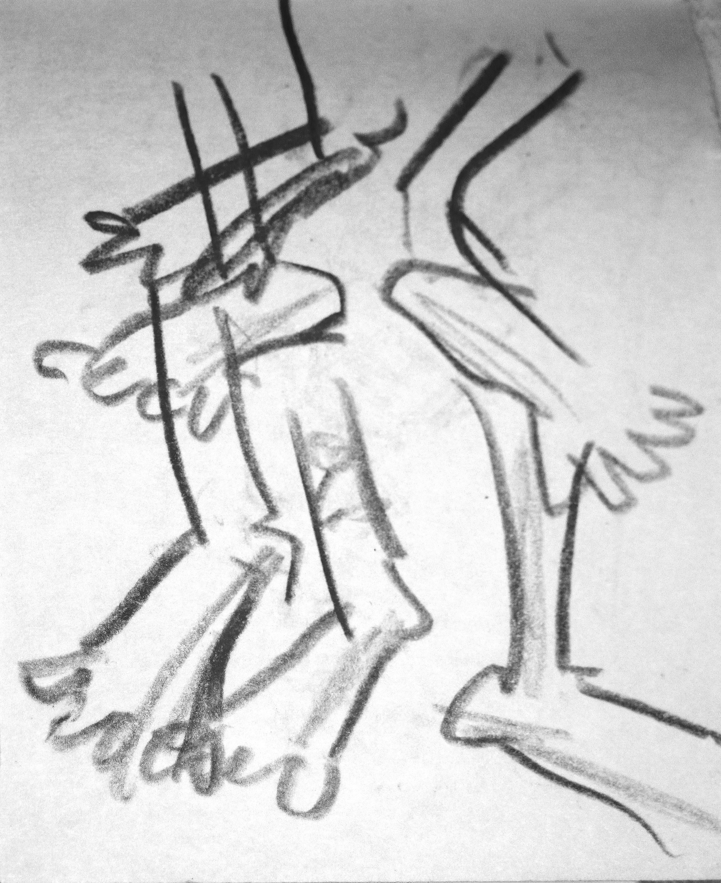A black and white drawing of a hand holding a pen, with handwritten text in cursive.