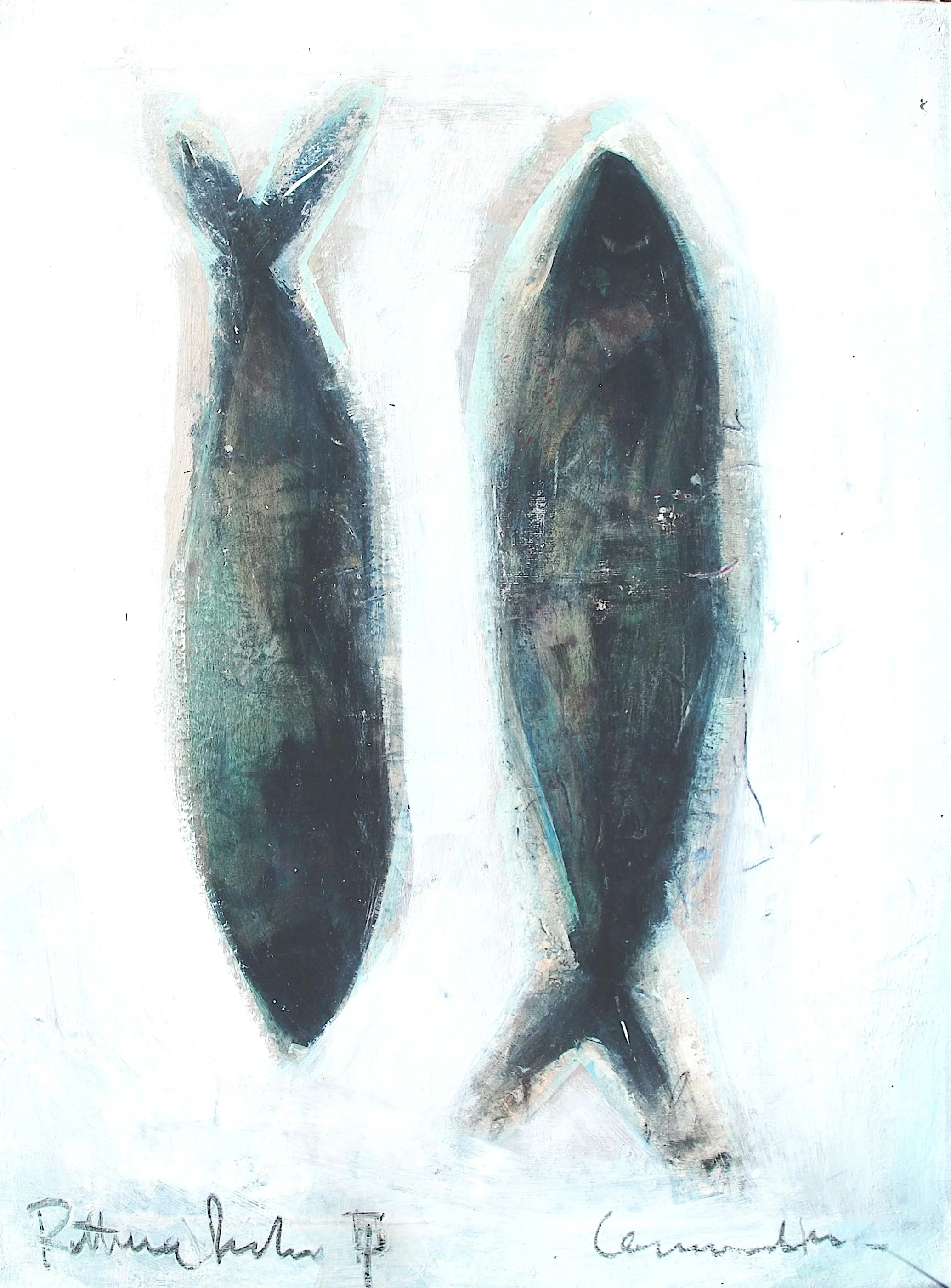 A painting of two dark, abstract high-heeled shoes with beige and light blue highlights on a white background.