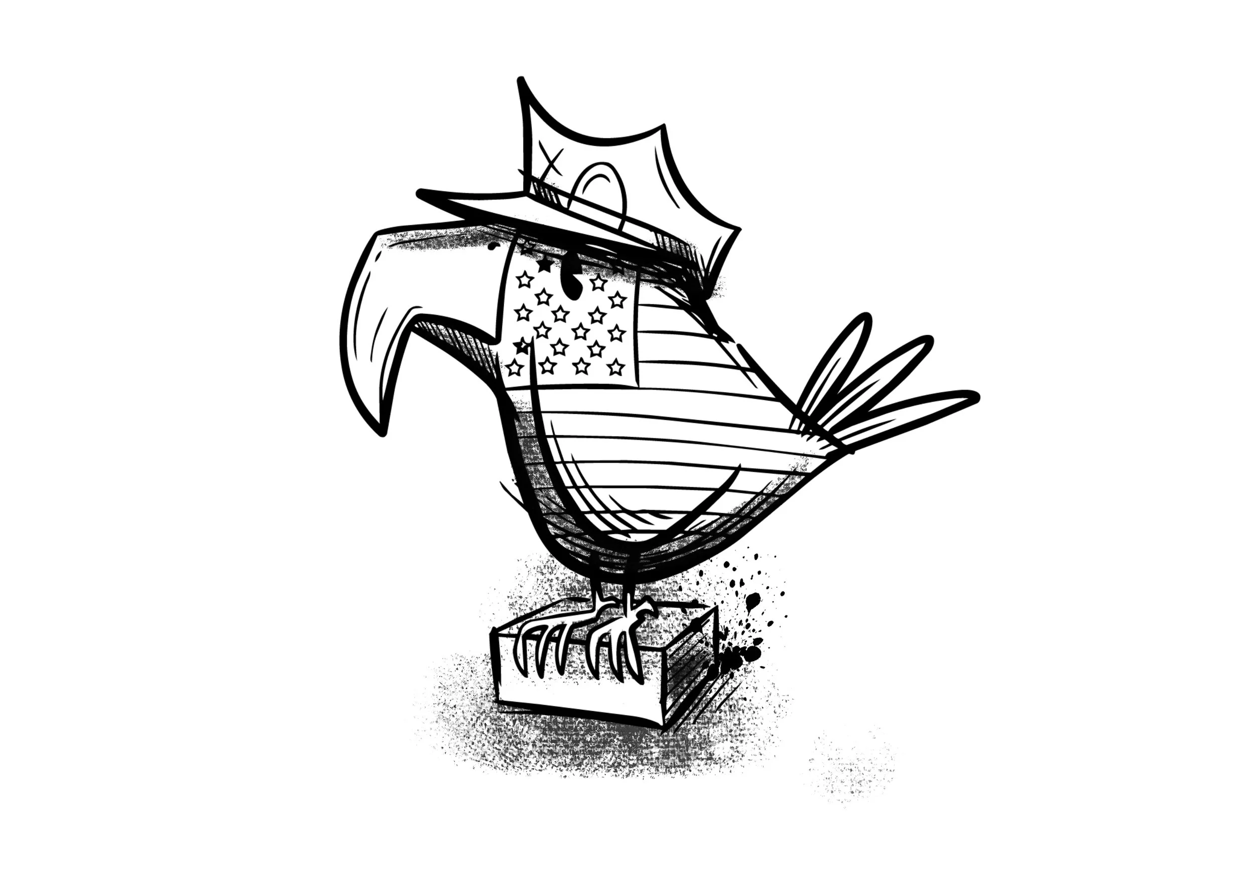 Black and white sketch of a cartoonish rooster standing on a box with a comb on its head and detailed wings, with a simple background.