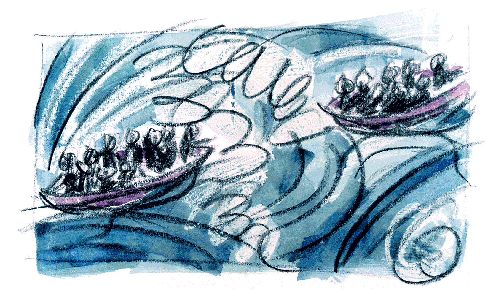 Abstract watercolor painting of two boats meeting in the middle of a turbulent sea.