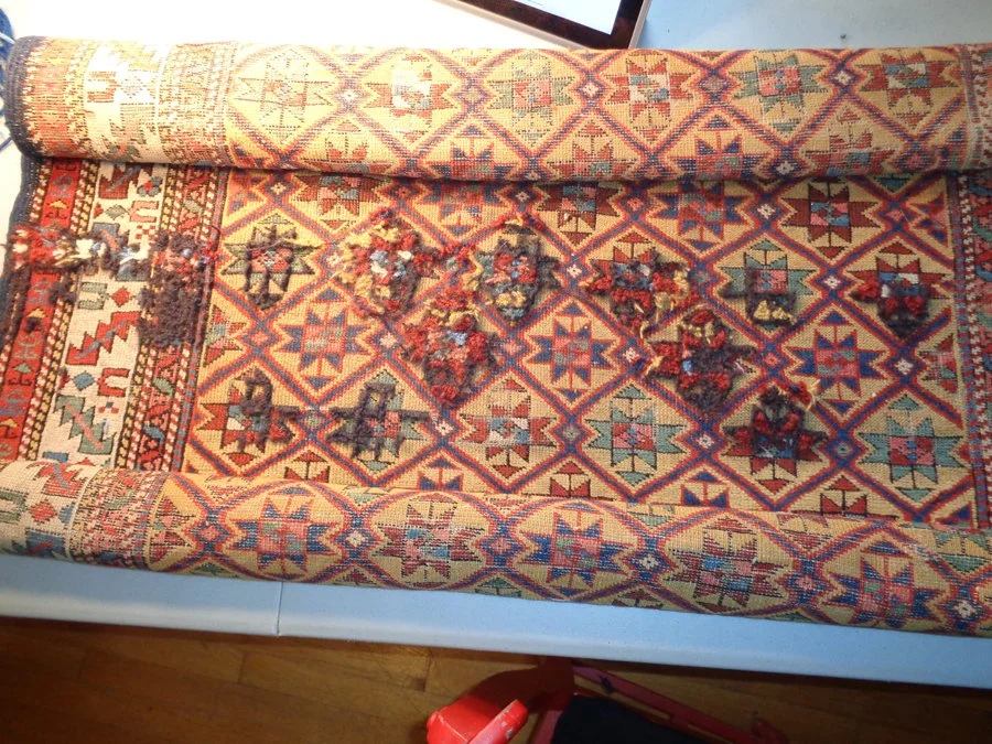 Rug Restoration Process - Hand knotting completed 
