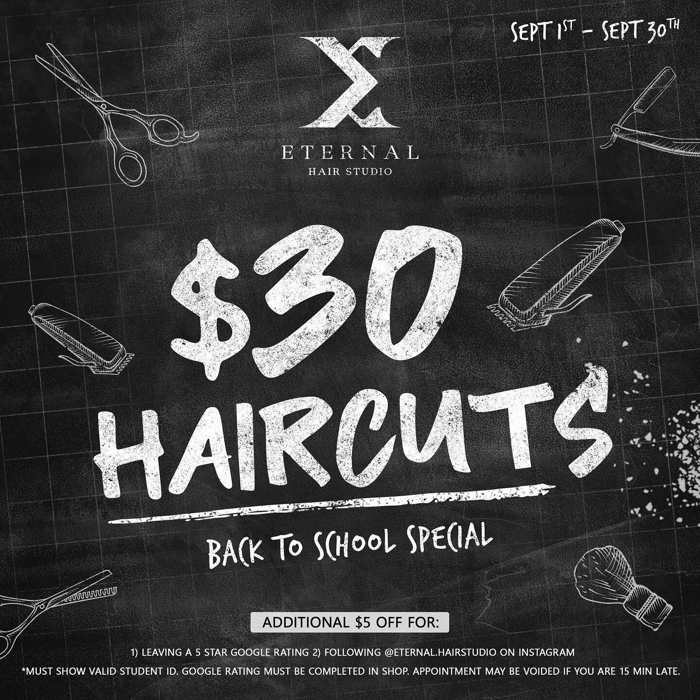 Back To School Special is here for the entire month of September. We're offering $30 haircuts for all students heading back to school. To redeem this offer, book an appointment and select the 'Back To School' promo only for specific barbers.

BONUS O