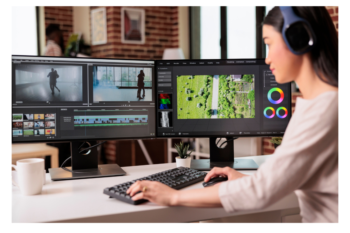 A woman working at a dual-monitor computer setup with video and photo editing software in a modern office.