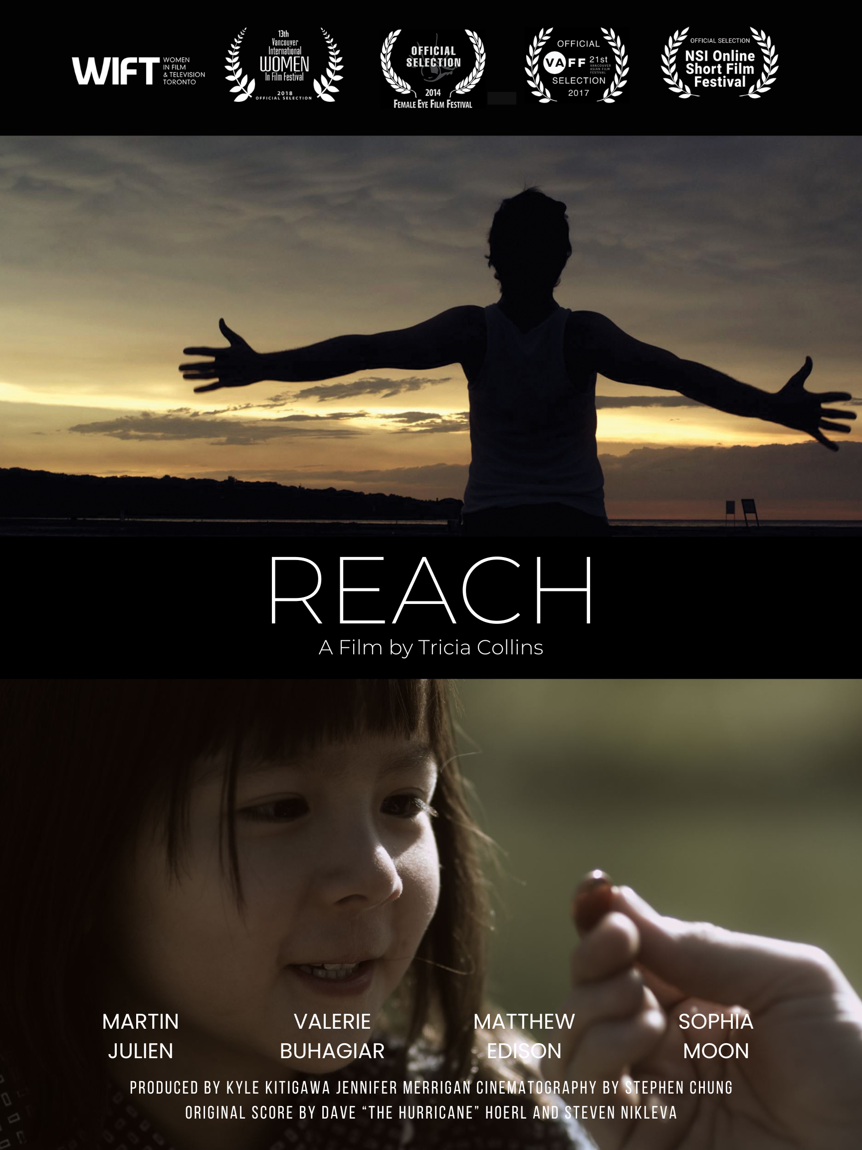 Poster for a film titled 'Reach' directed by Tricia Collins, featuring a silhouette of a person with arms outstretched at sunset on a beach, with awards and festival selections at the top and cast names at the bottom.