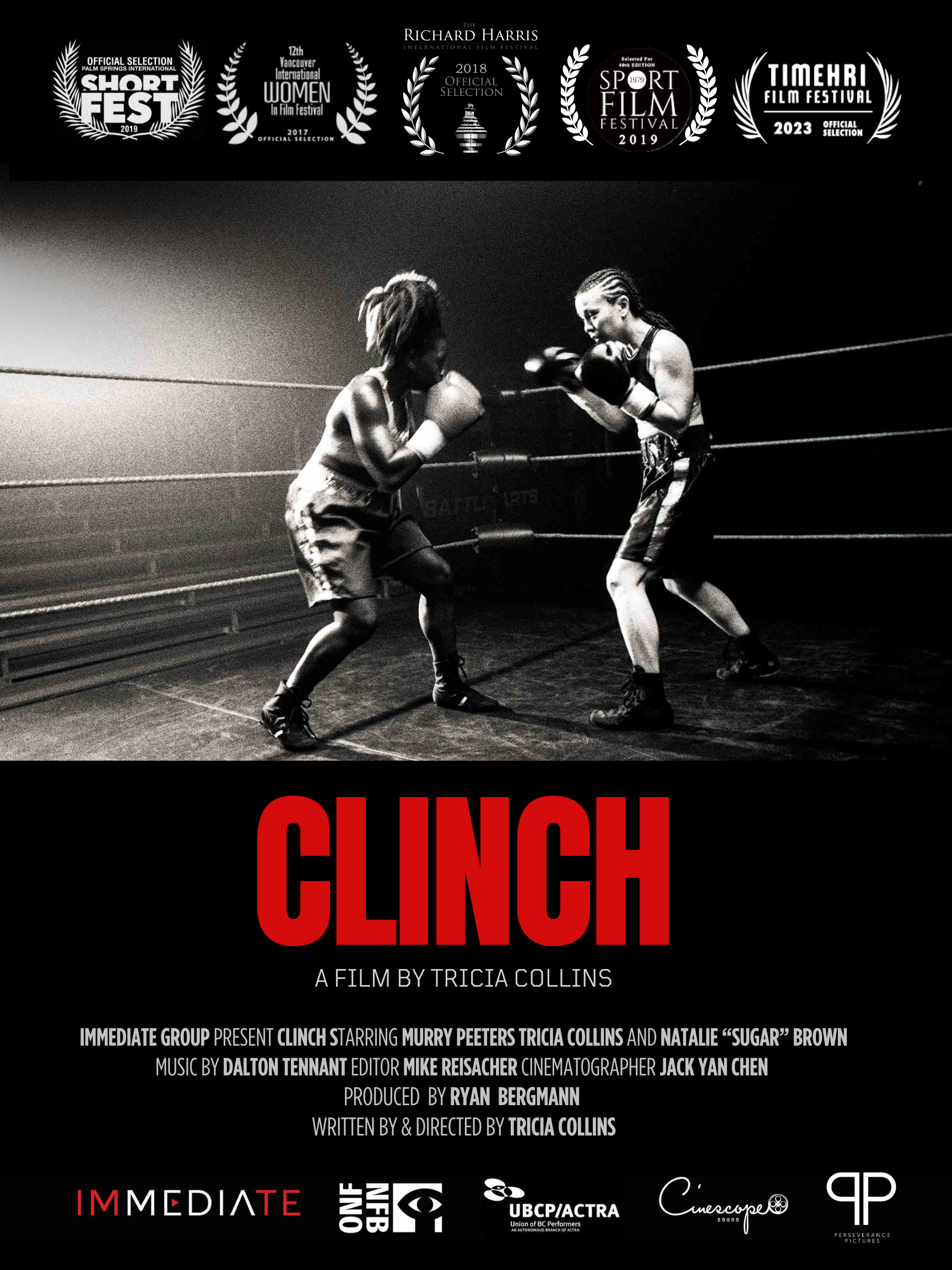 Black and white promotional poster for the documentary film "Clinch" by Tricia Collins. Shows two women boxers in a fight, one with dreadlocks and the other with braided hair, inside a boxing ring. The poster includes several film festival laurels at the top, and the word "CLINCH" in large red letters, with credits and production details below.