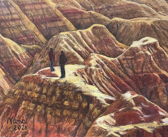 Badlands: close-up of mountains with Joel (son) and Kathryn (niece) climbing #1, 2025