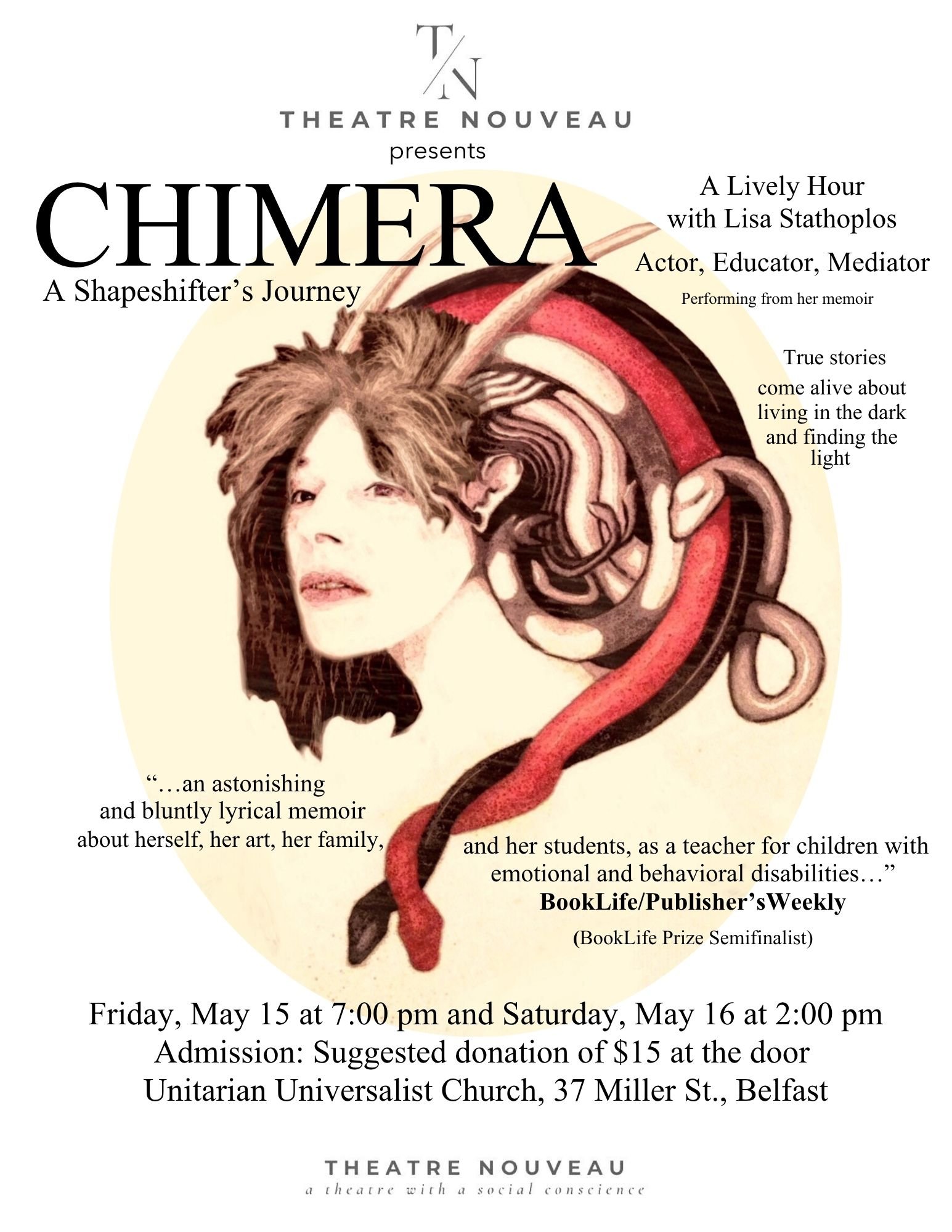 Poster announcing the spring 2026 production of Chimera at Theatre Nouveau, running May 15 and 16, 2026 at the UU Church in Belfast