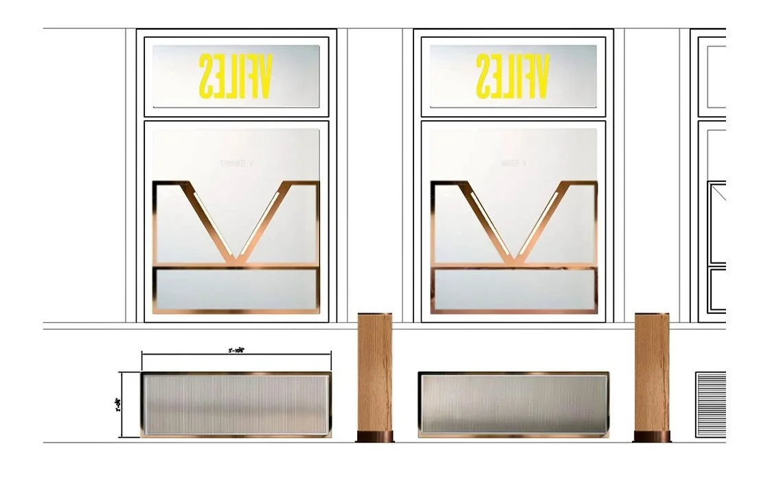 pw : preliminary pop up design for vfiles soho : copper bronze, natural white oak pedestals, ribbed fluted glass with bronze framed lower windows &amp; upper window v-racks that cantilevered down into store front to utilize for hanging clothing and w