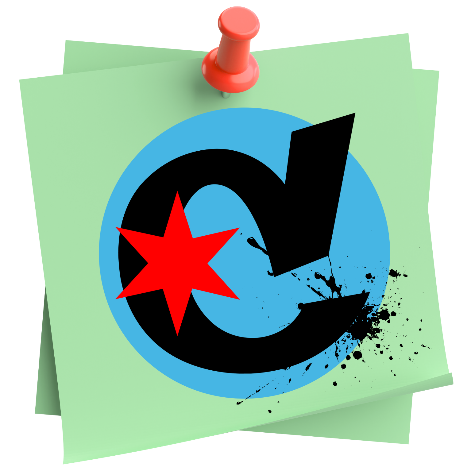 A bulletin board with notes, a red pushpin, and a paper with graffiti-style logo featuring a black crescent shape, a red star, and black splatters.