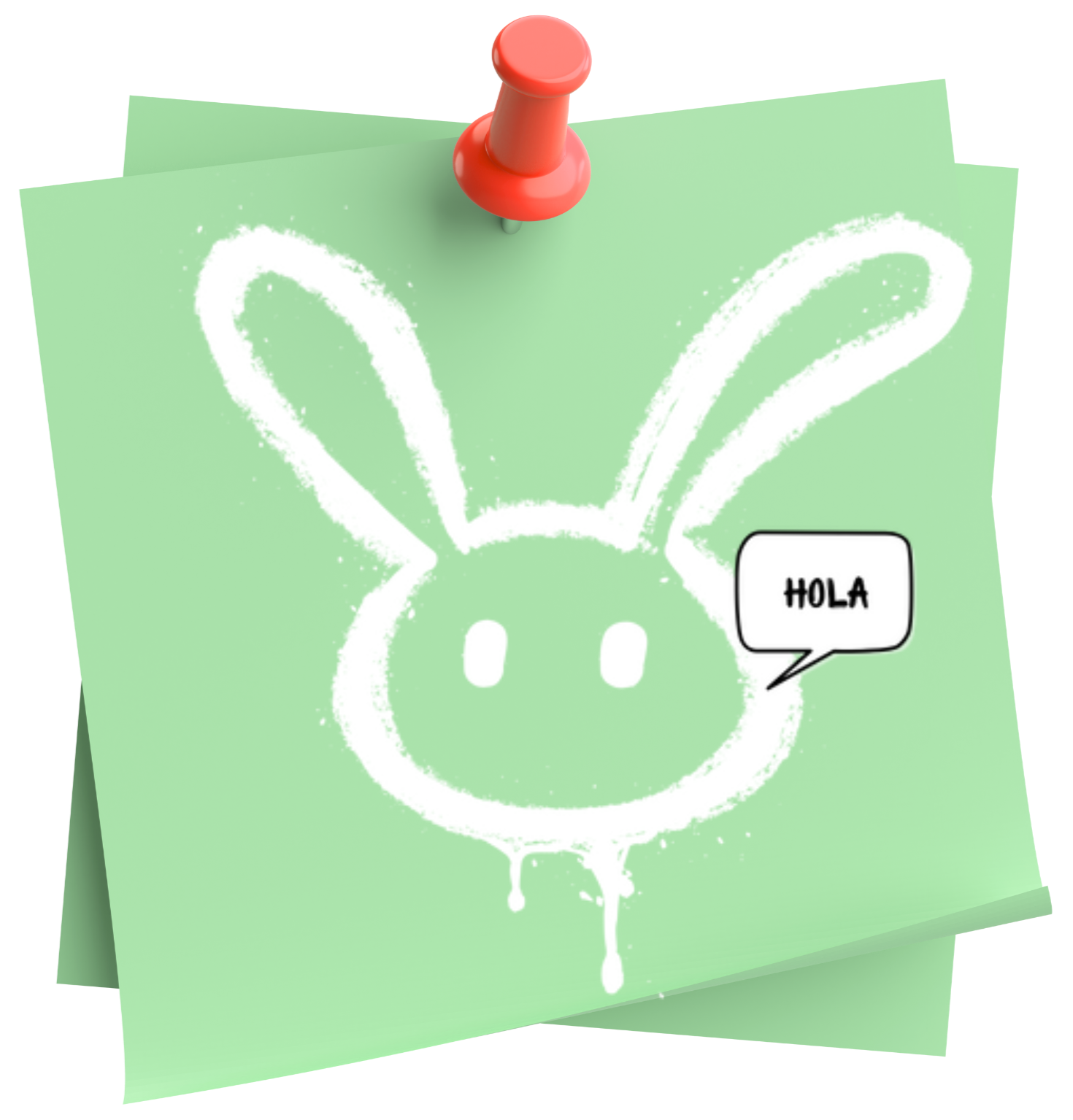 Green sticky note with a white chalk-like drawing of a rabbit's face and ears, and a speech bubble saying 'HOLA', pinned with an orange pushpin.