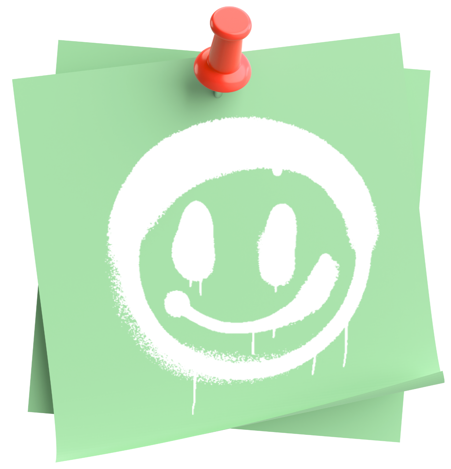 Green sticky notes with a white smiley face with two oval eyes and a curved mouth, pinned with a red pushpin.