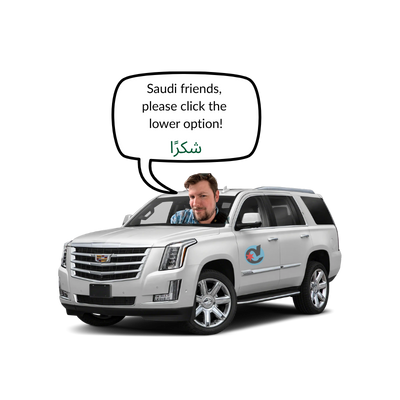 A man emerging from a white Cadillac SUV with a speech bubble saying, 'Saudi friends, please click the lower option!'