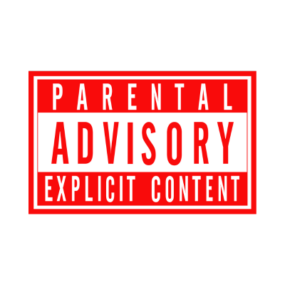 Parental advisory explicit content warning label with red and white text on a black background.
