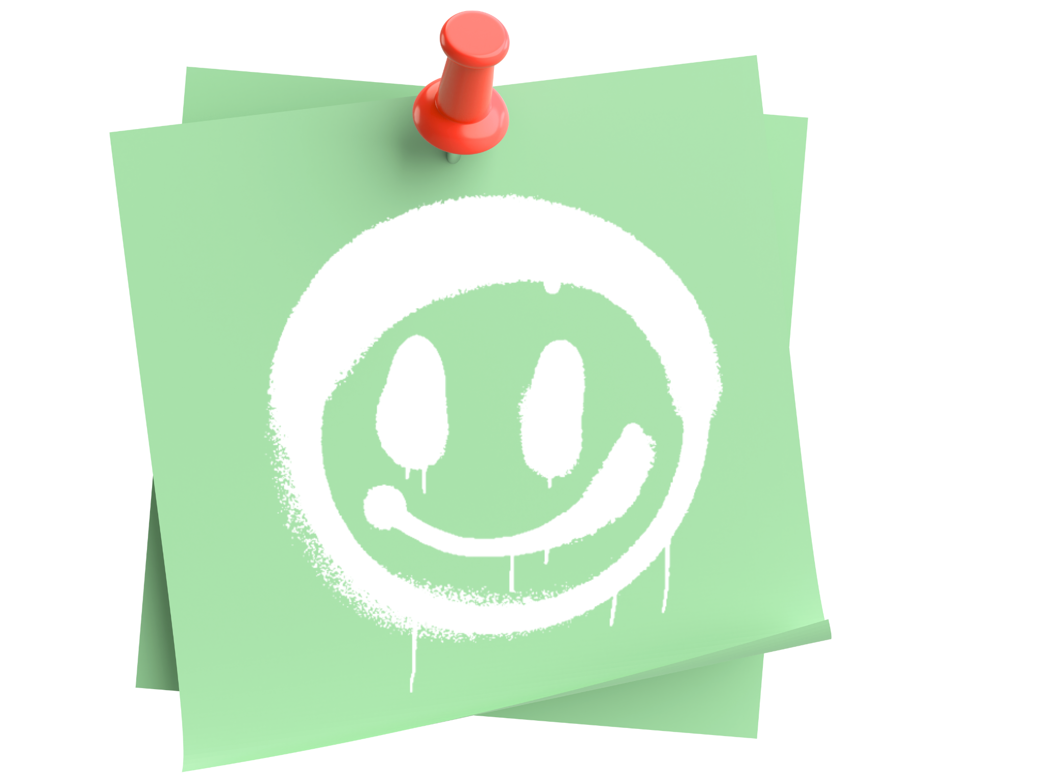 Green sticky note with a white spray-painted smiley face.
