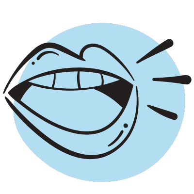 Close-up of a smiling face with the tongue sticking out and three lines indicating motion or emphasis.