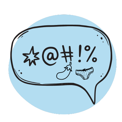 Cartoon speech bubble with offensive symbols, a chili pepper, and a pair of underwear.