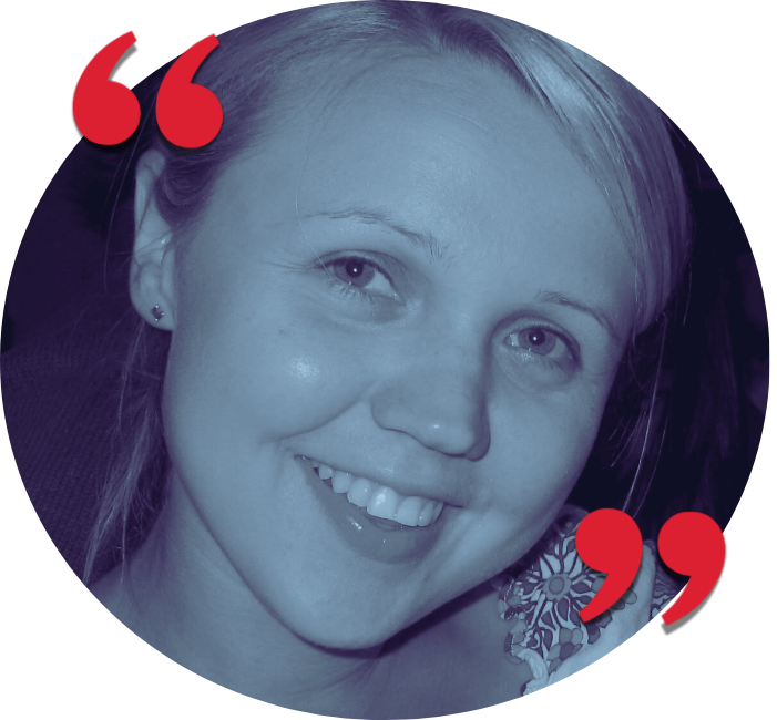 Close-up of a young woman smiling with blonde hair, light skin, and visible earrings, edited with a blue tint and red quotation marks in the corners.