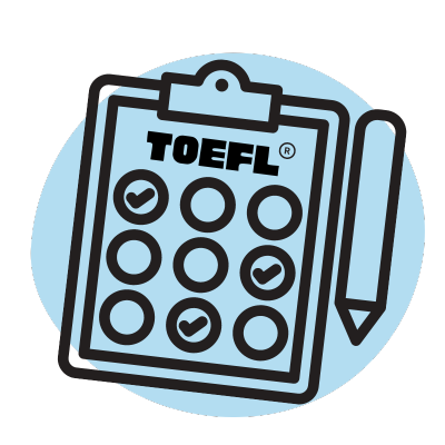 Illustration of a TOELF exam answer sheet with checkmarks in some bubbles and a pencil beside it.