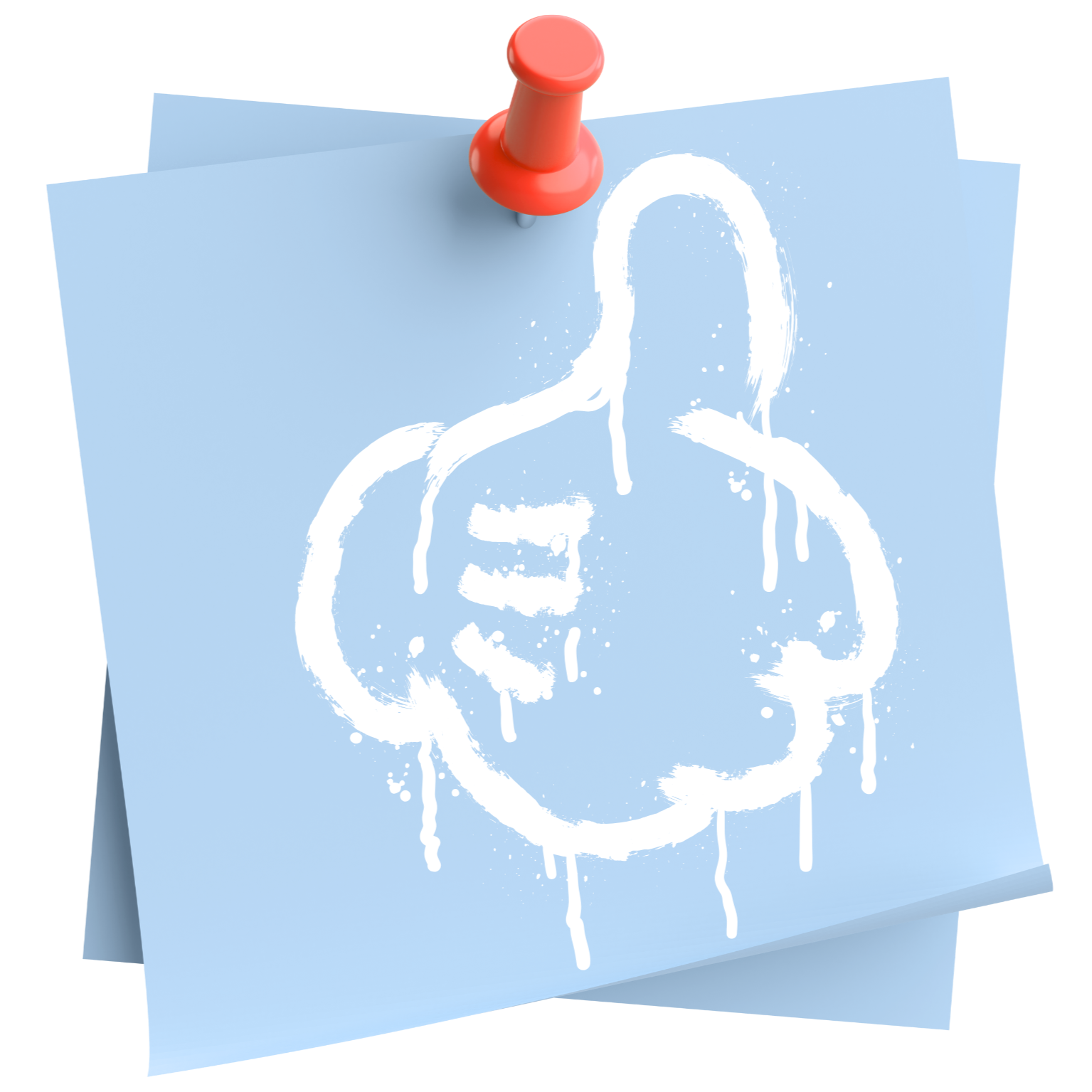 Blue sticky note with white spray-painted graffiti of a thumbs-up hand gesture.