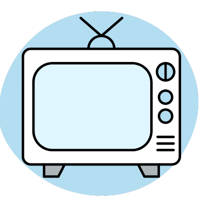 A cartoon illustration of a vintage television set with antennas, set against a light blue circular background.