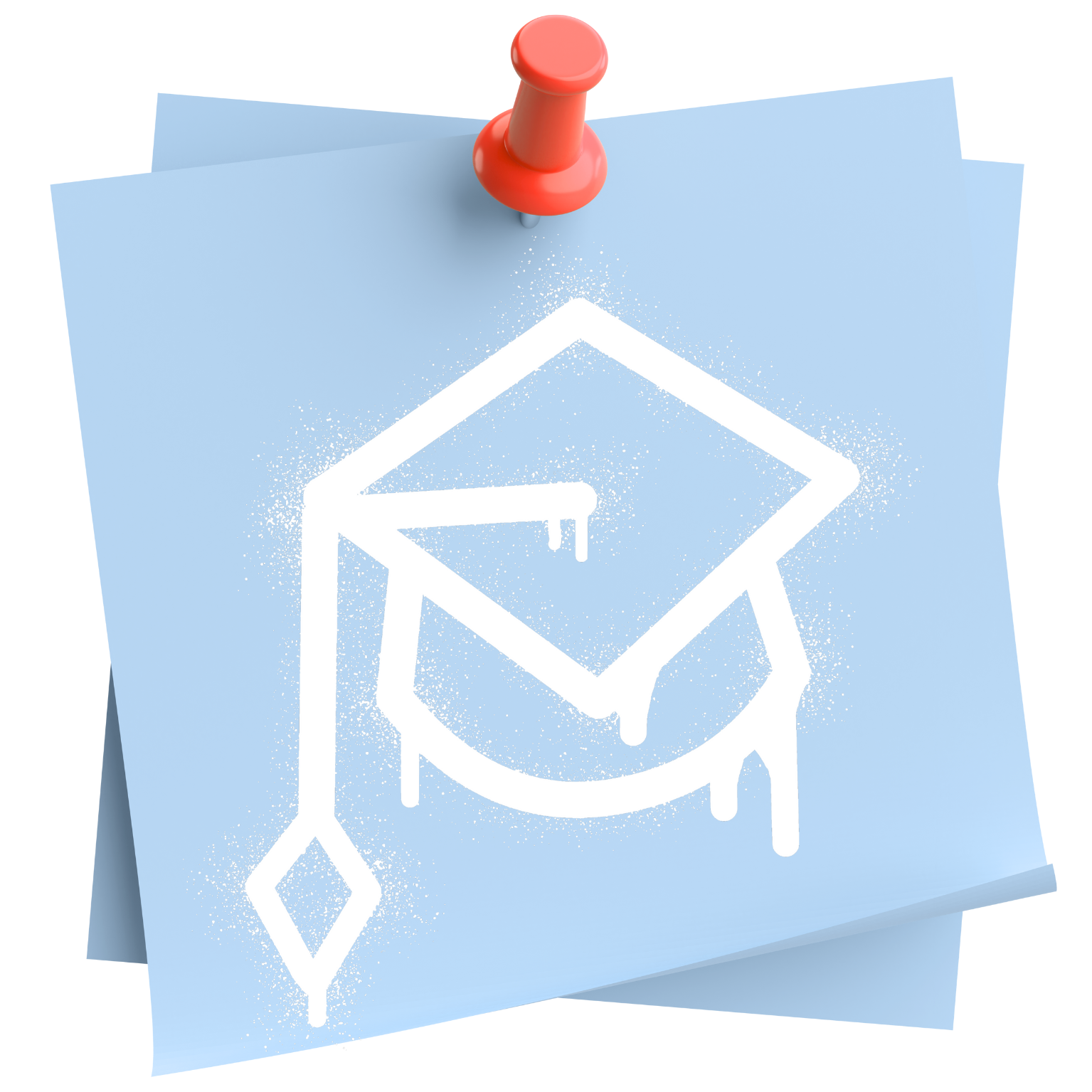 A blue paper with a white chalk-like drawing of a graduation cap over a smiling face, pinned to a board with a red pushpin.