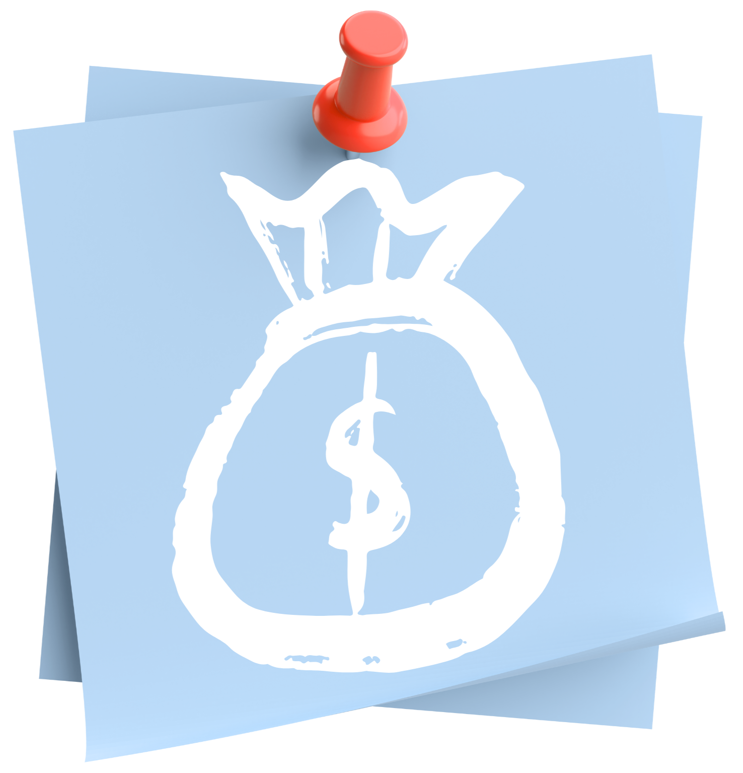 A light blue piece of paper pinned with a red push pin, featuring a white hand-drawn clock with a dollar sign in the center where the clock hands meet.