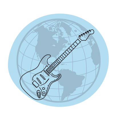 Illustration of an electric guitar in front of a globe.