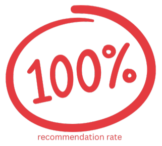 Red circular badge with the text '100%' inside, and 'recommendation rate' written underneath in smaller font.