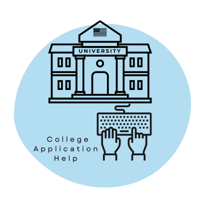 Illustration of a university building with a keyboard and hands typing, with text 'College Application Help'.