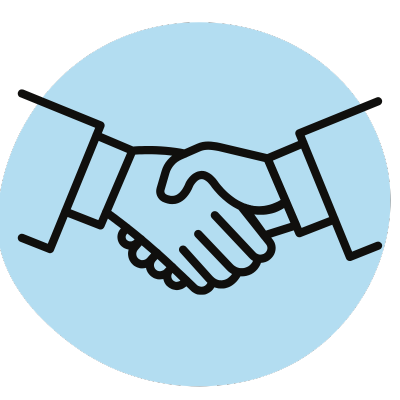 Icon of two hands shaking inside a blue circle, symbolizing agreement or partnership.