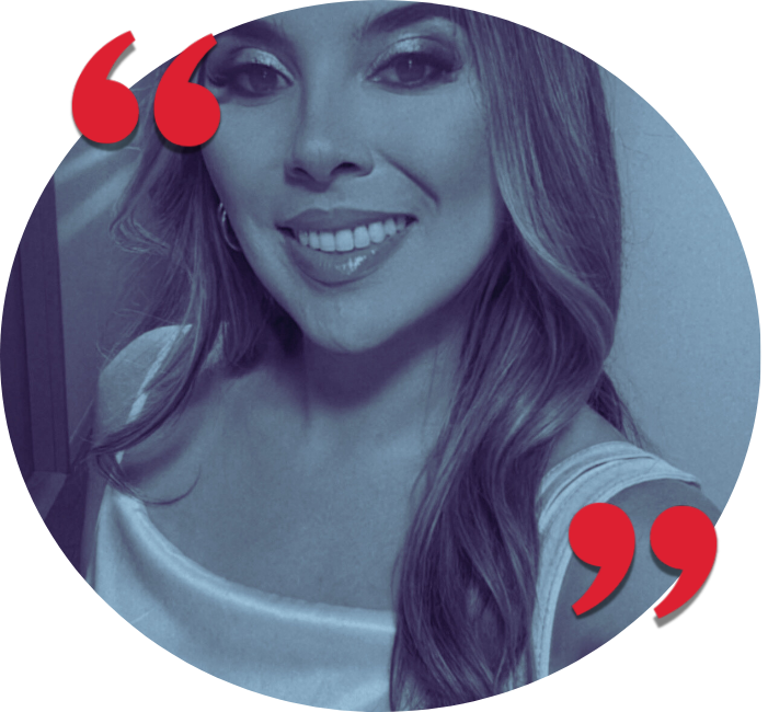 A smiling woman with long wavy hair, wearing a sleeveless top, surrounded by red quotation marks in a stylized design.