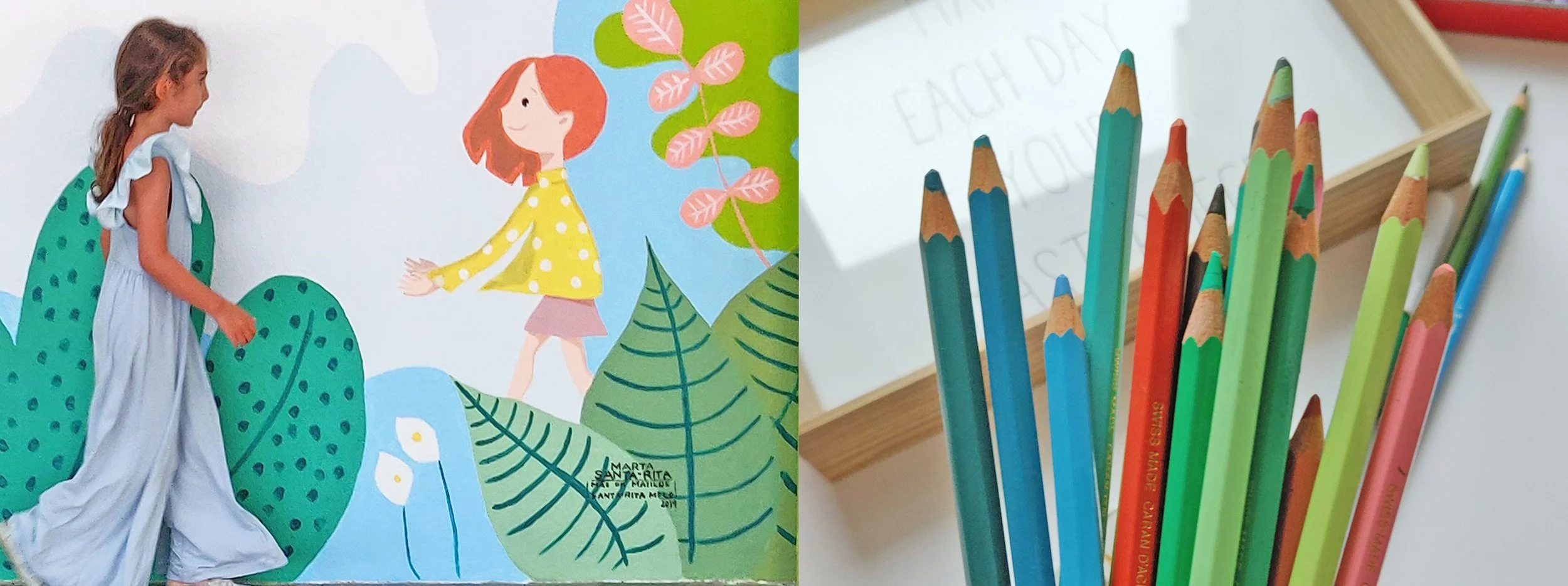 Child walking past a colorful mural featuring a cartoon girl and foliage, alongside a set of colored pencils on a table.